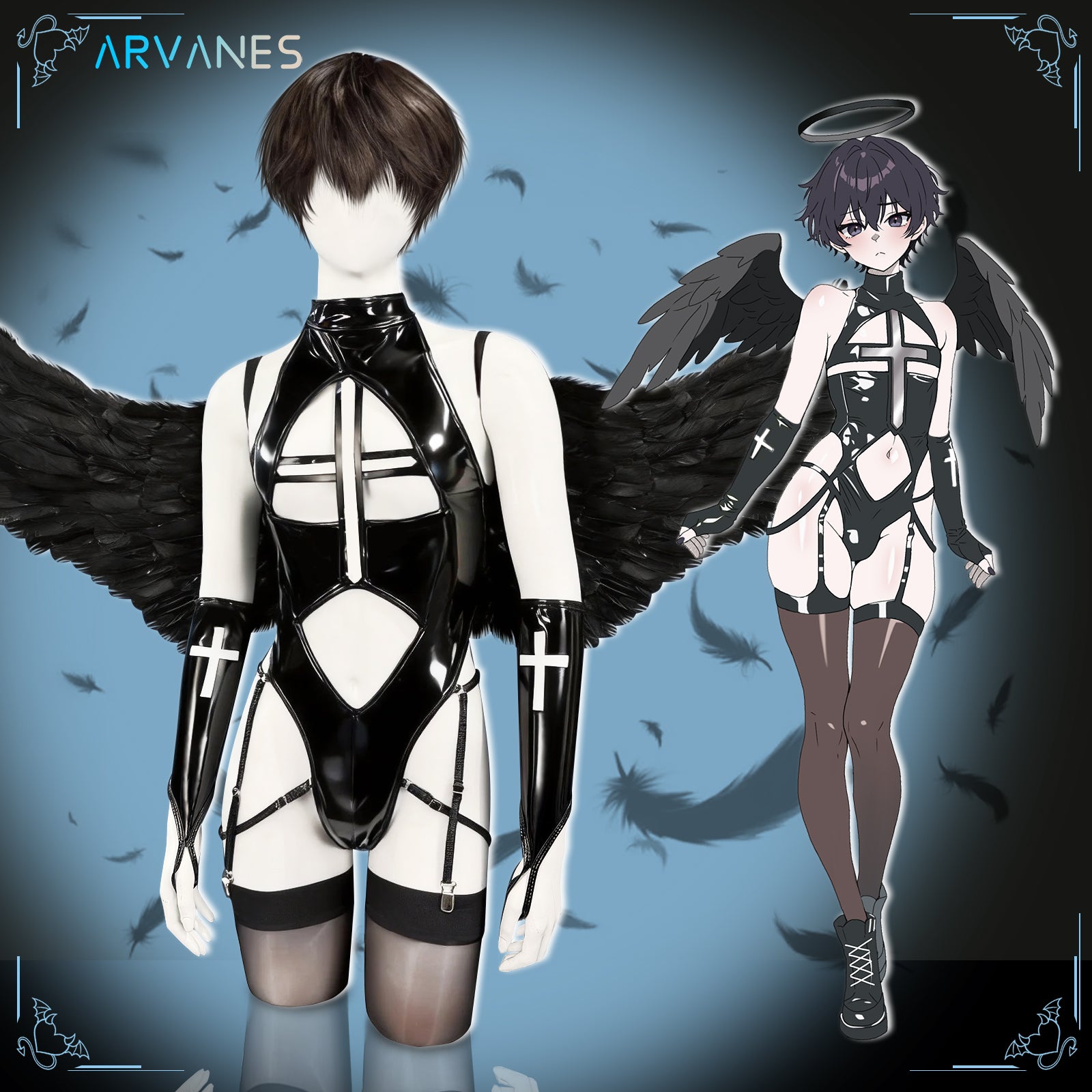 Pre-Order Dark Cross Wings Strappy Outfit  (4-Piece Set)AS07