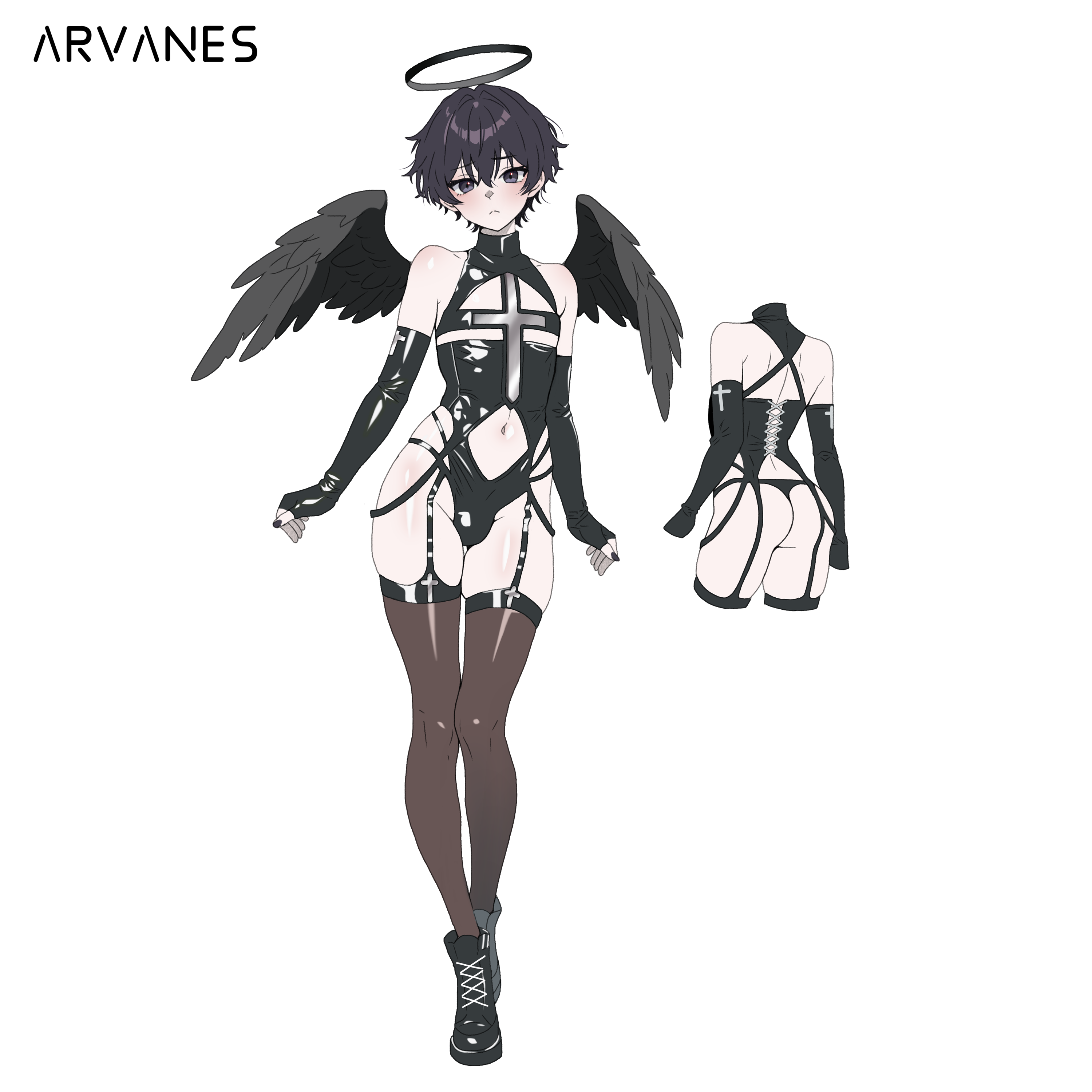 Pre-Order Dark Cross Wings Strappy Outfit  (4-Piece Set)AS07